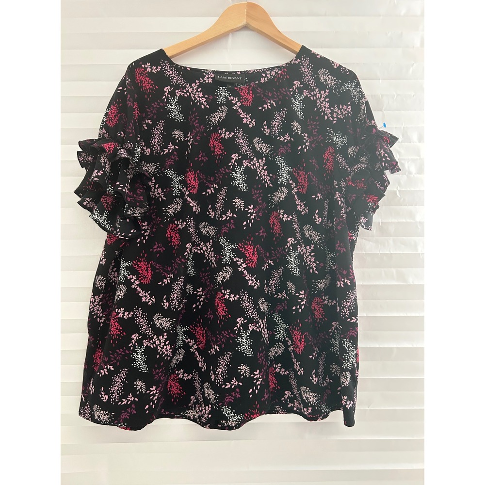 Lane Bryant Pink Floral Ruffle Sleeve Blouse Black Plus Size 20 Short Sleeve Top